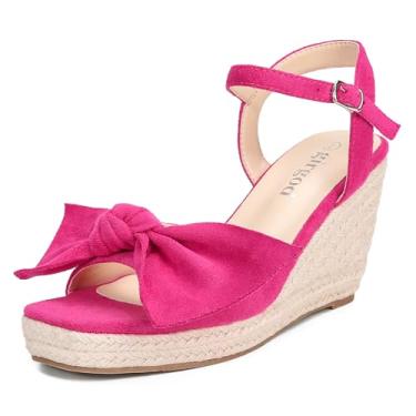 Imagem de girgod Sandálias femininas de alpargatas com laço, plataforma, salto alto, bico aberto, tira no tornozelo, verão, casamento, Vermelho rosa, 36