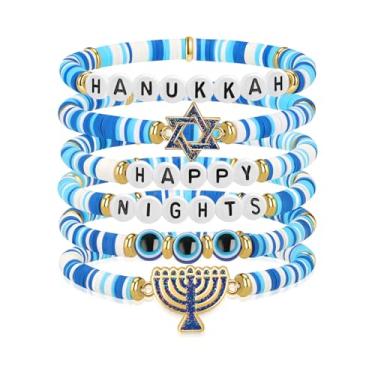 Imagem de Smilelife Pulseiras de Hanukkah para mulheres, olho turco, estrela de Davi, menorá com contas, joias de olho turco, One Size, Cloreto de polivinilo, Sem Pedra Preciosa