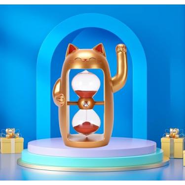 Imagem de Lucky Cat Temporizador de Areia Bonito Ampulheta Maneki-Neko Sandglass Timer reloj de Arena 3 min Relógio de Areia para Jogos de Escova de Dentes Sala de Aula Casa Escritório Cozinha Recepção (Ouro +