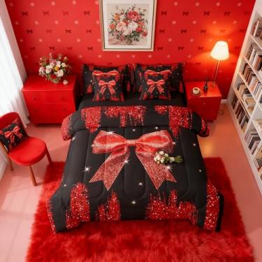 Imagem de Jogo de cama casal com nó de fita e nó de laço fofo em uma bolsa, céu estrelado cintilante, conjunto de cama com laço vermelho e lantejoulas, conjunto de lençol e lençol com laço de princesa sonhadora