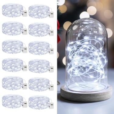 Imagem de litogo Pacote com 12 luzes LED de fadas operadas a pilha, 2 m e 20 LEDs, 3 modos, mini luzes cintilantes, luz estrelada à prova d'água para casamentos, potes de pedreiro, festas, decorações de Natal