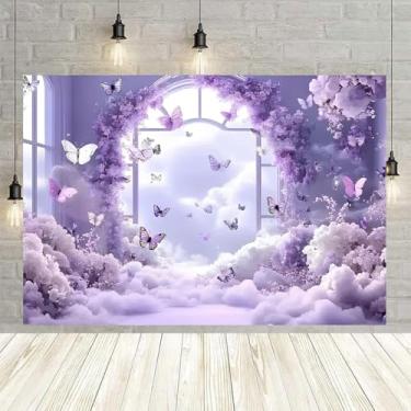 Imagem de Pano de fundo de borboleta romântico flores roxas nuvens céu para princesa menina aniversário chá de panela decoração de fundo de casamento adultos crianças retrato adereços para fotografia (A, 2,8 x
