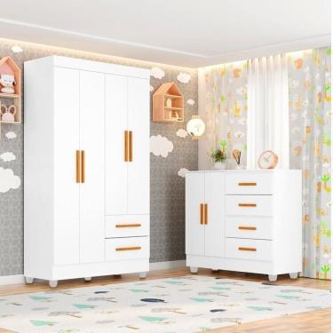 Imagem de Quarto Bebê Infantil com Guarda-roupa 4 Portas e 2 Gavetas com Cômoda 4 Gavetas e 2 Portas Lite Branco