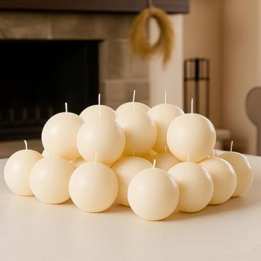 Imagem de Veiuwa Pacote com 18 velas de bola de marfim a granel, velas redondas sem cheiro de 7 cm, sem gotejamento e sem fumaça para queimaduras de longa duração, ideal para centros de mesa de casamento