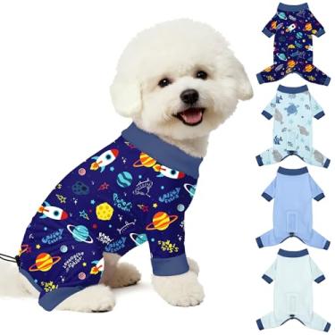 Imagem de Bienbee Pijamas para cães, 4 peças, pijamas macios e elásticos para cães, fantasia para cães pequenos, médios e grandes, meninos e meninas (conjunto de foguetes e animais marinhos) - M