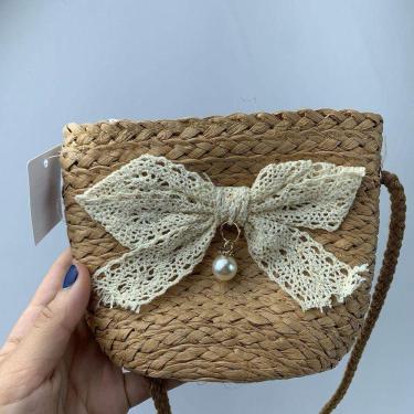 Imagem de Bolsa Infantil Feminina Mini Bag Em Palha Sintética Transversal De Ombro Com Lacinho caramelo