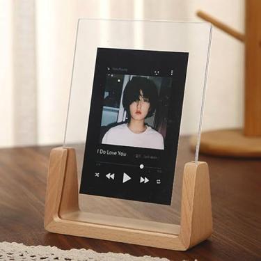 Imagem de Moldura dupla face em forma de U com base de madeira de faia e capa de vidro acrílico inquebrável de alta definição, adequada para exibição de mesa (15 x 10 cm, vertical)