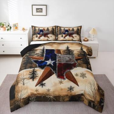 Imagem de Erosebridal Jogo de cama King ocidental com estrela do Texas para crianças, adultos, marrom, rústico, estilo casa de fazenda, edredom vintage com bandeira americana