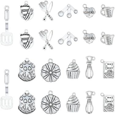 Imagem de SUNNYCLUE 1 caixa com 66 peças, 11 berloques temáticos de panificação, prata, pingente de cozinha a granel, liga metálica, antigo, padaria, cupcake, batedor de ovos, utensílios de mesa, pingentes para
