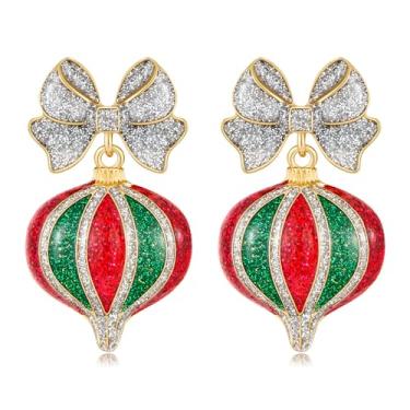 Imagem de Brincos de gota de laço de Natal para mulheres, brincos pendentes de laço verde para festas de fim de ano, joias para presentes, big, Latão, Sem pedra preciosa