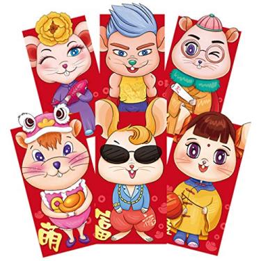 Imagem de Envelope vermelho pacote Outgeek com 6 peças, pacote vermelho com desenho de rato, bolso vermelho para dinheiro para festival de primavera