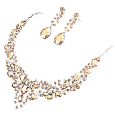 Imagem de Elegante conjunto de joias de ouro para mulheres, colar e brincos de duas peças com gota e strass redondos