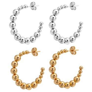 Imagem de Brincos de argola grandes banhados a ouro 18K, prata esterlina, 2 pares para mulheres, aço inoxidável hipoalergênico, brincos de argola de prata e ouro