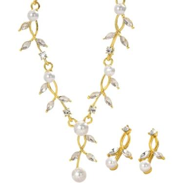 Imagem de Conjunto de joias de pérolas femininas com design de videira de folha, colar e brincos de corrente de ouro, detalhes de cristal para noivas