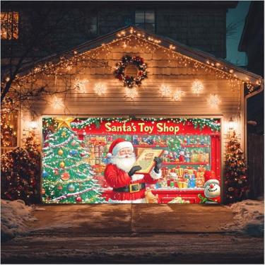 Imagem de HOMETITUTE Banner de porta de garagem de Natal 4 x 1,8 m Pano de fundo de loja de brinquedos do Papai Noel com boneco de neve caixas de presente de Natal ao ar livre parede de quintal fundo de festa