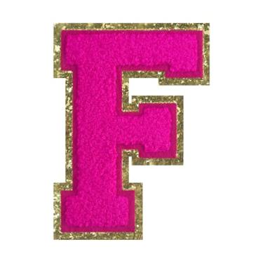 Imagem de 1 peça de patch de letra de chenille rosa de 11,4 cm com borda dourada – Remendos do alfabeto para roupas, jaquetas, mochilas, chapéus para decoração personalizada, nome personalizado e artesanato. (F