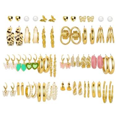 Imagem de QeenRSZY Conjunto de 32/36 pares de brincos de ouro para mulheres, pacote múltiplo, moda pérola zircônia cúbica brincos de borboleta, piercings, hipoalergênicos, brincos de argola para presente