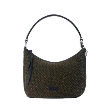 Imagem de DANEAULT Bolsa Hobo de couro camurça tecida à mão - The Gloria - Bolsa Hobo para mulheres - Bolsa tiracolo e bolsa de ombro - Bolsa feminina, verde-oliva e preta