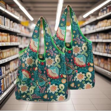 Imagem de Sacos de compras reutilizáveis de poliéster dobrável, estampa geométrica de flores de animais fofos, sacolas de compras reutilizáveis extragrandes de 13,6 kg, resistentes e laváveis na máquina