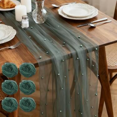 Imagem de Yivioep Pacote com 6 Caminho de mesa de pérola, tecido de tule 79 x 300 cm com pérolas para arco de casamento, festa de aniversário, decoração de chá de bebê, decoração de mesa de sobremesa de véu de