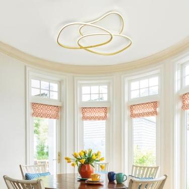 Imagem de Luminária de teto LED moderna para sala de estar, dourada, com formato de anel irregular, controle remoto, dimerizável (3000K-6000K), ideal para ambientes internos, como restaurantes, clubes