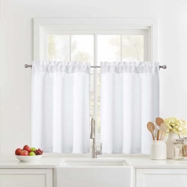 Imagem de Ebesto Cortinas de janela pequenas brancas puras, 76 cm de comprimento, 2 painéis, filtro de luz de meia janela, pequenas cortinas com isolamento térmico para armário de porão de banheiro, bolso de