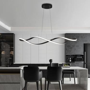 Imagem de Luminária pendente espiral de LED para cozinha, modelo linear, com controle remoto, temperatura de cor de 3000-6500K, brilho regulável e altura ajustável até 100cm. Lustre para sala de janta