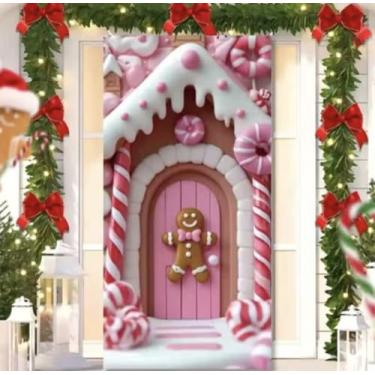 Imagem de Capa para Porta Feliz Natal Rosa com Elástico – Painel Decorativo Feliz Papai Noel Tecido Premiun (2,10 Cms X 0,85 Cms) (18)