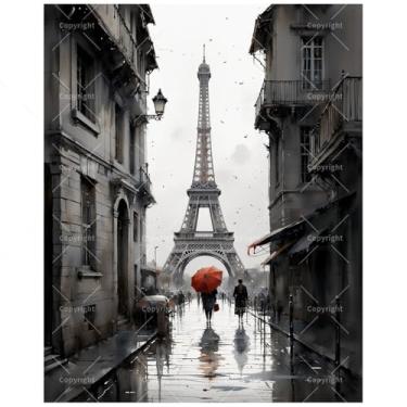 Imagem de Kit de pintura City Street por números para adultos – Torre Eiffel DIY com guarda-chuva vermelho em Paris, pintura em tela, 40 x 50 cm, conjunto de tinta acrílica emoldurada, adequado para iniciantes