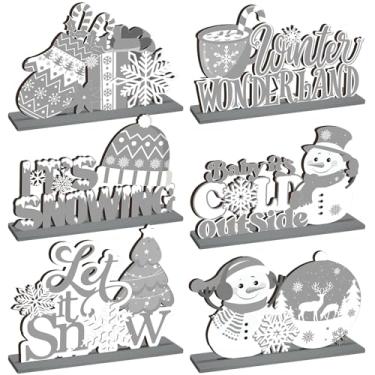 Imagem de Wonderjune 6 peças de decoração de mesa de madeira de Natal floco de neve boneco de neve centro de mesa de madeira decoração do país das maravilhas para o inverno, tema de neve, Natal, aniversário