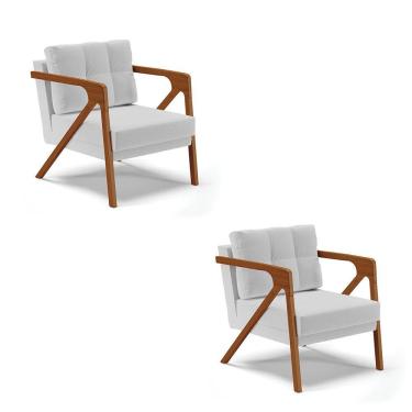 Imagem de Kit 02 Poltronas Linho Base De Madeira Castanho Cinza Claro