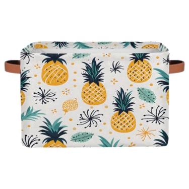 Imagem de Cestas de armazenamento pequenas de frutas, folhas de abacaxi, fofas com alças, caixas de armazenamento de brinquedos de tecido dobrável para berçário, sala de estar, quarto, prateleiras, roupas