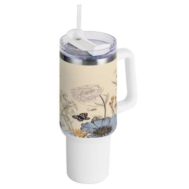 Imagem de xigua Copo vintage de flores silvestres de 1,134 g com alça e canudo, aço inoxidável duplo isolado a vácuo garrafa de água suporte de copo de garrafa de água amigável à prova de vazamento copo de