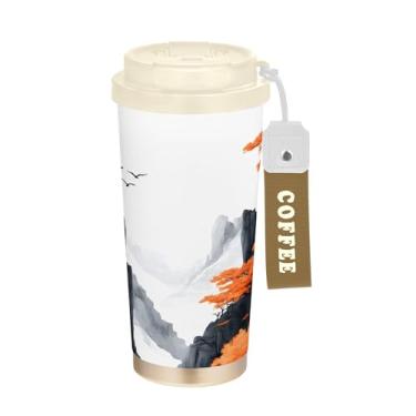 Imagem de SEHANY Caneca de viagem com paisagem de montanha em aquarela de 482 g, copos de café reutilizáveis revestidos de cerâmica com tampa à prova de vazamento, parede dupla, isolamento a vácuo, copo de café