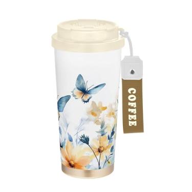 Imagem de SEHANY Caneca de viagem borboleta e flores de 482 ml Copos de café reutilizáveis revestidos de cerâmica com tampa à prova de vazamento, parede dupla, isolamento a vácuo, copo de café de aço inoxidável