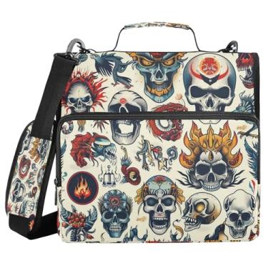 Imagem de SEHANY Fichário com zíper de caveira com alça de ombro, capacidade para 500 folhas, vários bolsos 3,8 cm para fichário com zíper e 3 anéis