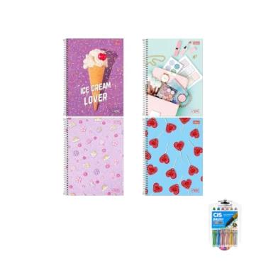 Imagem de Kit Caderno Universitário Vibe Feminino 1M 80F Tilibra Caneta Esferográfica 0.7mm Sortida e Marcador Artístico Estojo 6 Cores