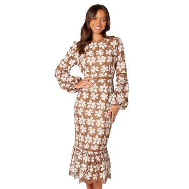 Imagem de Petal & Pup Vestido longo feminino Pierre de renda de manga comprida, Mocha, M