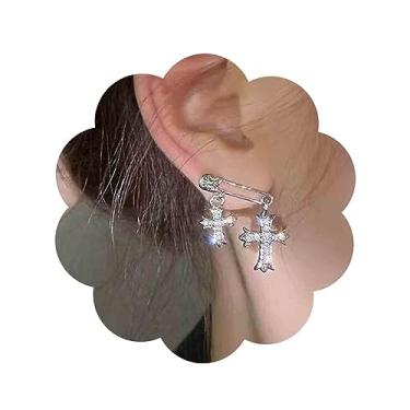 Imagem de Sttiafay Brincos vintage de cristal com pingente de cruz de strass brincos de prata com clipe de papel brilhante CZ crucifixo joias para mulheres, Zinco, Sem pedra preciosa