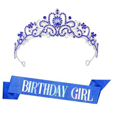 Imagem de PQRUU Faixa e tiara de aniversário azul marinho para mulheres, acessórios de decoração de aniversário, lembrancinhas de festa de princesa e rainha, conjunto de faixa e faixa para meninas de 21, 30, 40