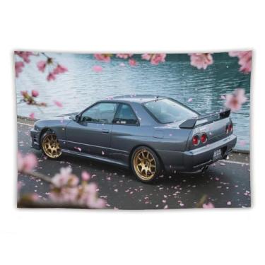 Imagem de HouLaiZhe JDM Tapeçaria de carro flores de cerejeira carro R32 à beira do lago pendurar na parede quarto decoração de casa tapeçarias estética piquenique decoração de parede arte de parede para