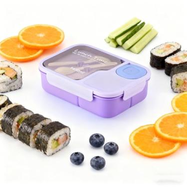 Imagem de Bento Box, lancheira de 1450 ml com colher e garfo, leve, suporte de refeição fácil de transportar com 3 compartimentos, à prova de vazamento, livre de BPA, perfeita para comer fora (roxa)