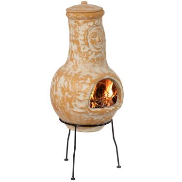 Imagem de Chiminea de argila ao ar livre, design de sol, lareira a lenha com suporte de metal resistente, churrasco, coquetel, fogueira noturna aconchegante (bege)