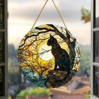 Imagem de Enfeite para pendurar janela redonda de acrílico com estampa artística de gato lua, prato de pendurar estilo apanhador de sol para exibição de jardim e Natal