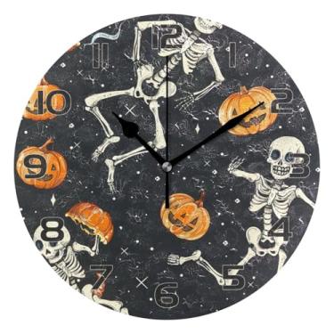 Imagem de YETTASBIN Relógio de parede de caveira de Halloween, silencioso, sem tique-taque, operado por bateria, relógio redondo decorativo criativo para cozinha, sala de estar, banheiro, decoração de
