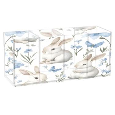 Imagem de Burbuja Porta-canetas de acrílico com flores azuis, 4 compartimentos, suporte de lápis transparente para pincéis de maquiagem, acessórios de mesa de escritório em casa