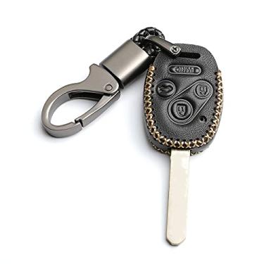 Imagem de WFMJ Capa de couro para Honda Accord Crosstour CR-V Civic Pilot Element Controle remoto 4 botões Capa porta-chaves Corrente Fob (Preto)