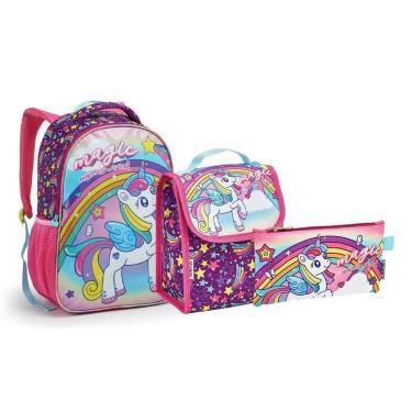 Imagem de Kit Mochila + Lancheira + Estojo Roxo Kids Unicórnio | Seanite-Unissex