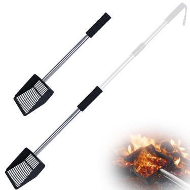 Imagem de Pá de lareira grande vazada, pá de carvão de metal preto, peneira de cinzas escalável com alça e protetor de aço inoxidável ajustável em 3 seções, ferramentas de lareira para fogão a lenha para