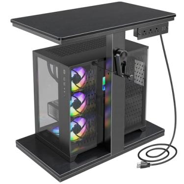 Imagem de CSIHOP Suporte de torre de computador ajustável em altura com rodas e estação de carregamento, suporte de PC de 2 níveis para chão ou carpete, suporte de PC sob a mesa para ATX, escritório, casa, sala